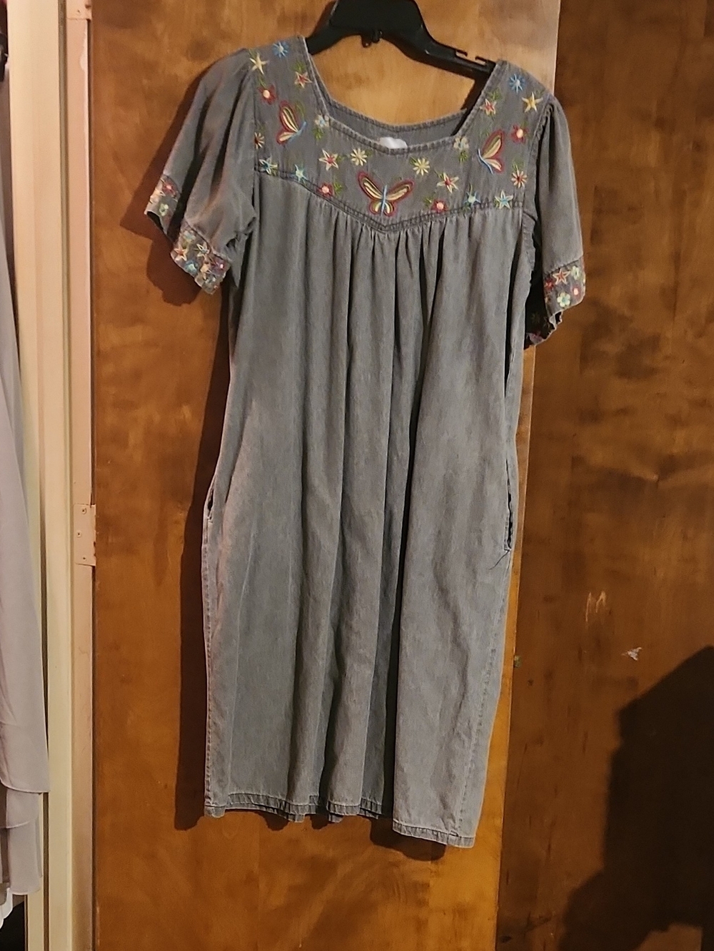 Sawyer Collection Light Blue Denim Midi Dress with Multicolor Embroidery